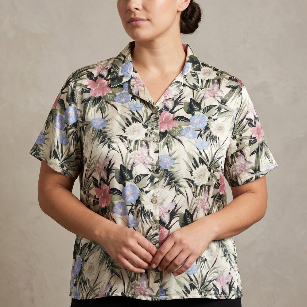 Stunt Women's 100% Silk Blouse Floral Tropical Coastal Grandma Button Up XL